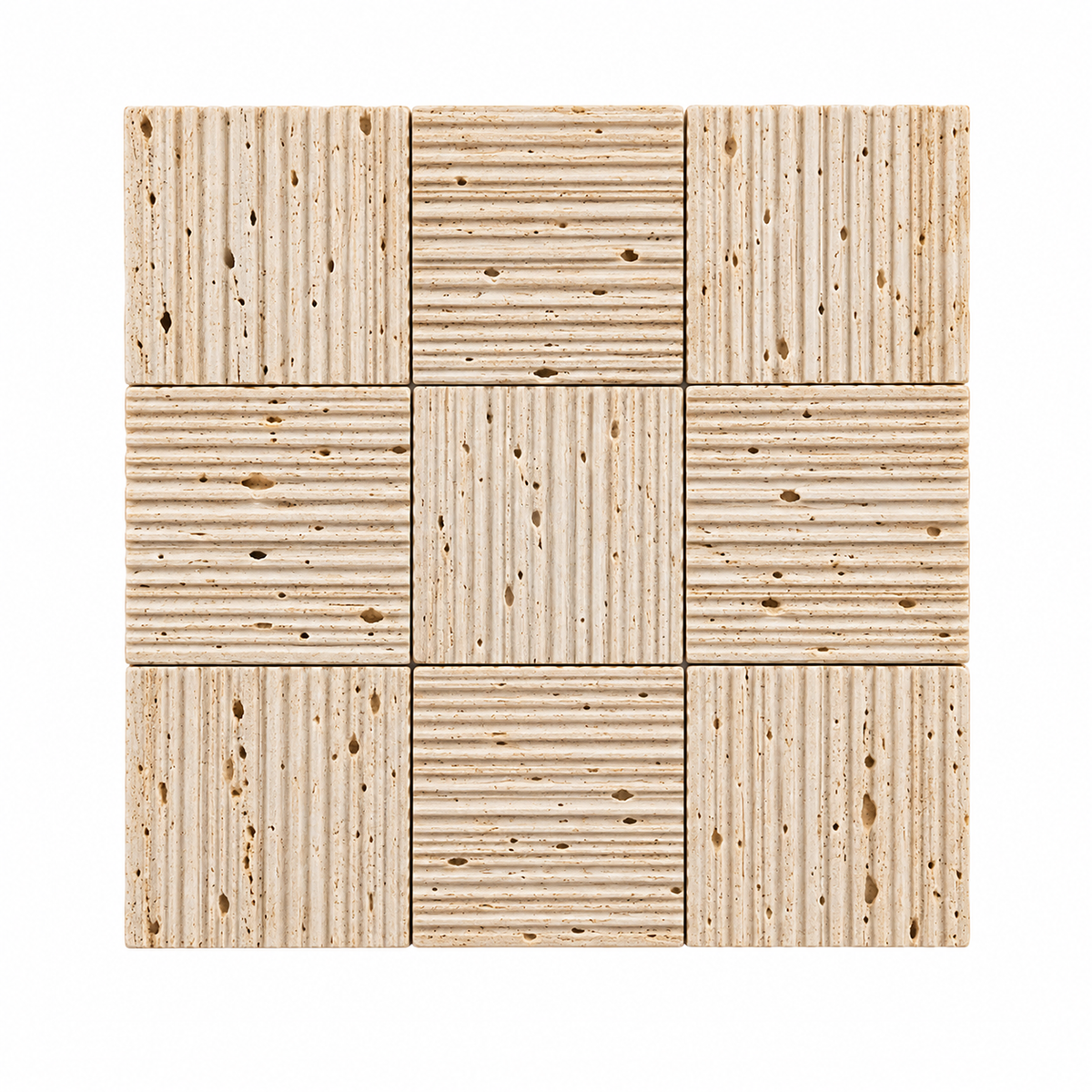Nine square travertine stone tiles arranged in a 3x3 grid, showcasing natural beige and cream tones with characteristic horizontal and vertical grooves and small brown veining, set against a solid white background.
