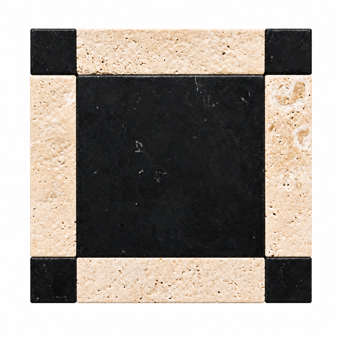 A square decorative tile or coaster featuring a central black stone panel surrounded by a border of beige travertine-like stone and black corner accents, shown on a plain white background.
