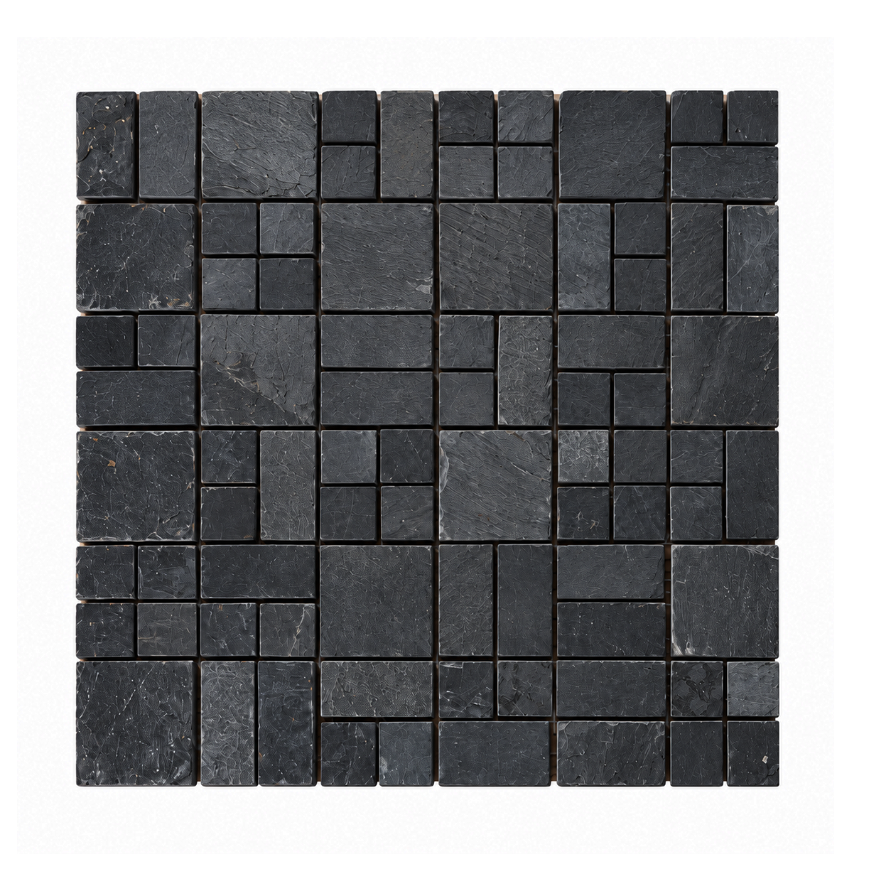 A square sample of dark charcoal slate mosaic tiles arranged in a grid pattern, set against a clean white background.