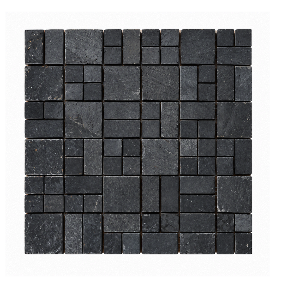 A square sample of dark charcoal slate mosaic tiles arranged in a grid pattern, set against a clean white background.