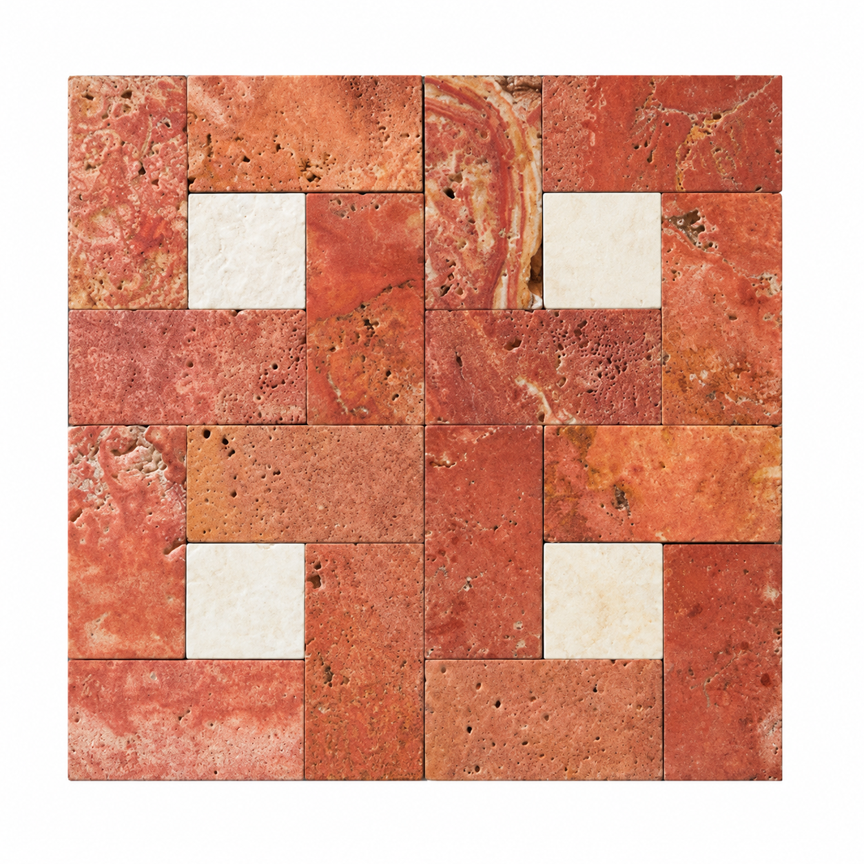 A square mosaic tile sample featuring textured terracotta, rust, and orange stone tiles with four contrasting light beige square accents arranged in a grid pattern.