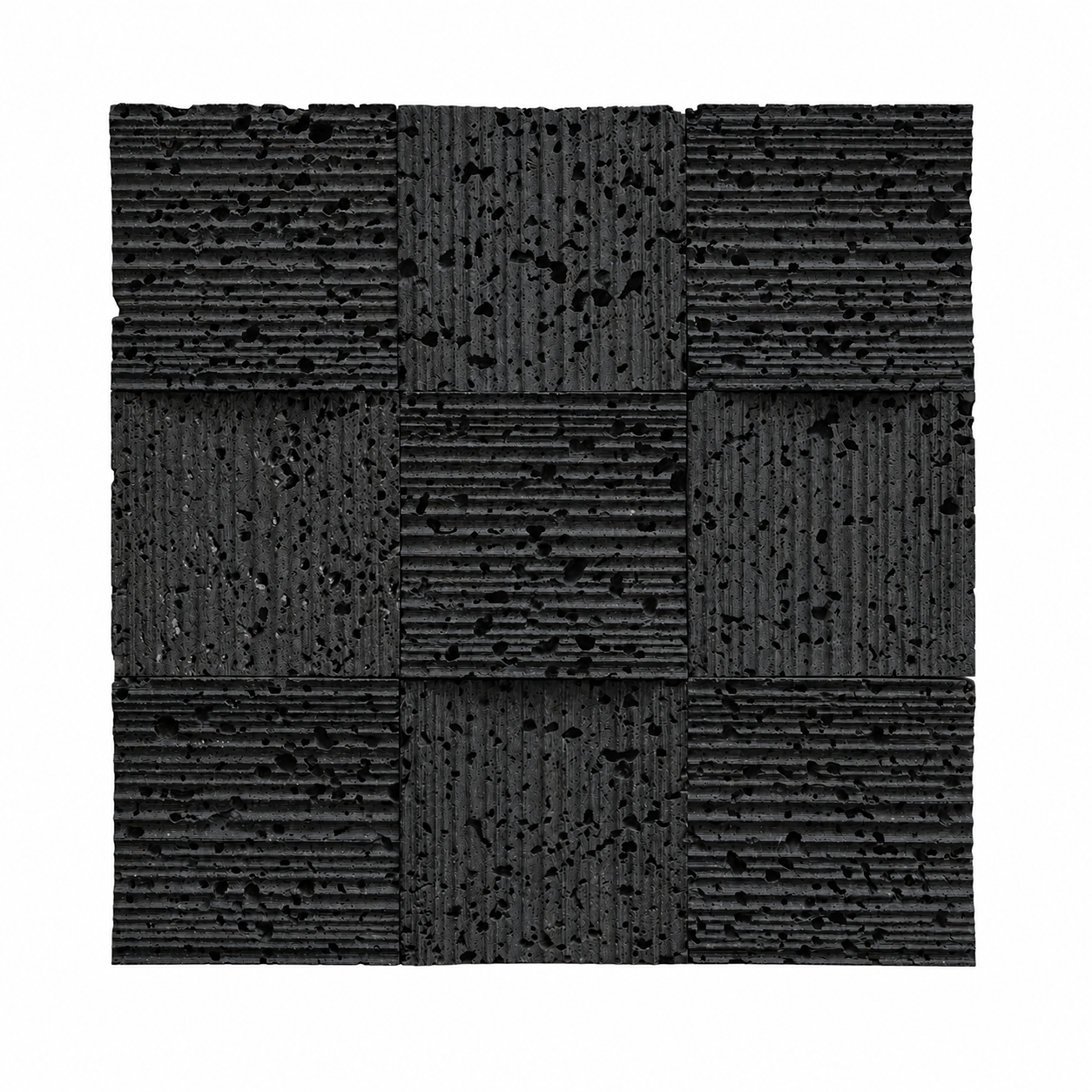 A square sample of textured black acoustic or decorative wall tiles arranged in a 3x3 grid, showing horizontal ridges and small dark speckles on a white background.
