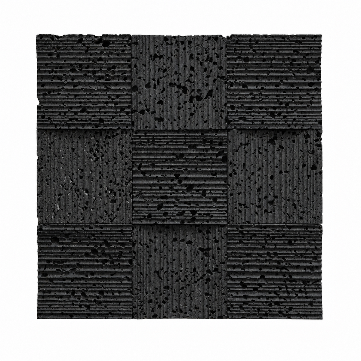 A square sample of textured black acoustic or decorative wall tiles arranged in a 3x3 grid, showing horizontal ridges and small dark speckles on a white background.