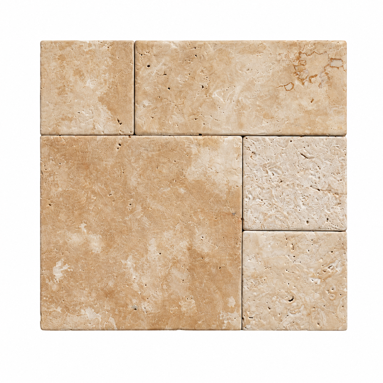 A set of travertine stone tiles in warm beige and tan tones, arranged in a grid pattern on a solid white background.