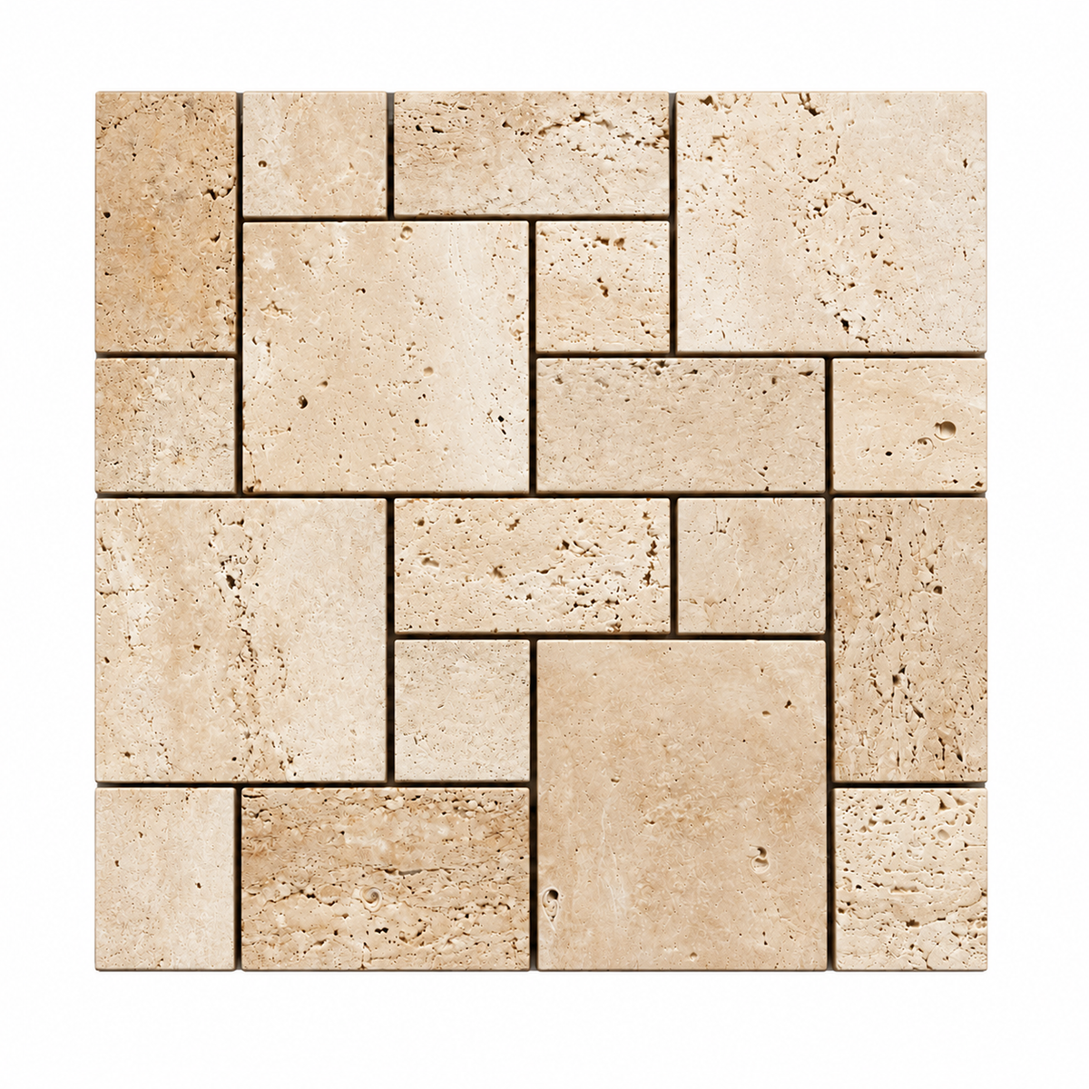 Beige travertine stone mosaic tile sheet with a stacked brick pattern, shown on a solid white background.