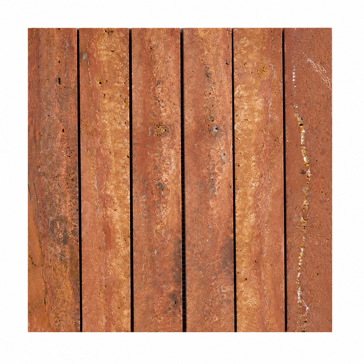 A square sample of rustic terracotta or rust-colored stone/plaster with vertical plank lines and a weathered, textured surface, shown on a white background.