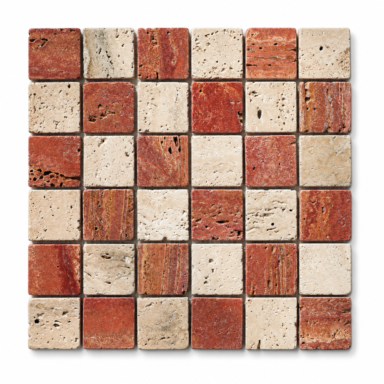 A square mosaic tile sheet featuring a checkered pattern of terracotta red and warm beige travertine stone tiles, shown against a plain white background.