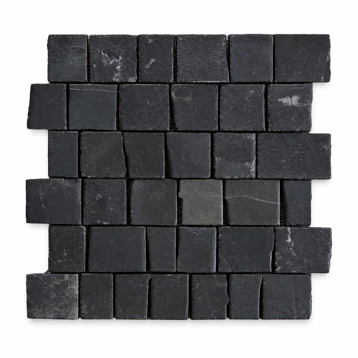 A square arrangement of dark charcoal black rectangular stone tiles with natural white veining, displayed on a clean white background.