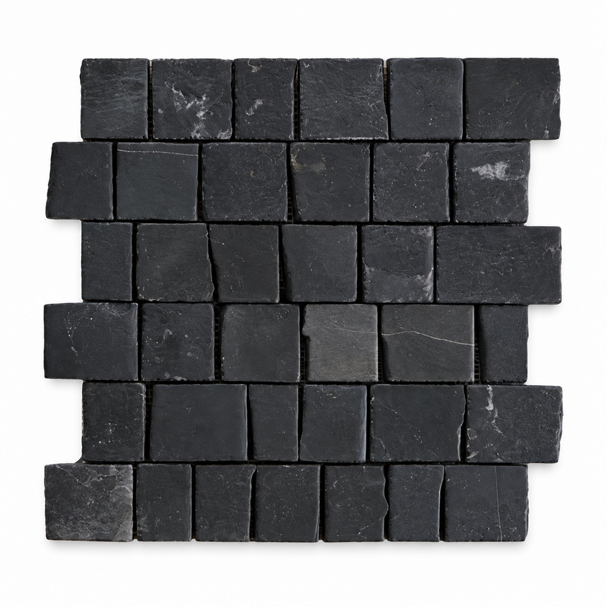 A square arrangement of dark charcoal black rectangular stone tiles with natural white veining, displayed on a clean white background.