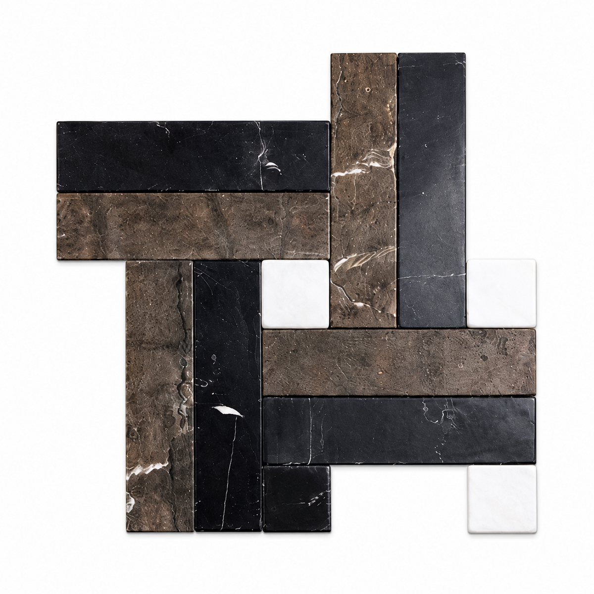 A geometric mosaic tile arrangement featuring rectangular stone tiles in black, dark brown, and white, arranged in a modern herringbone-like pattern on a white background.