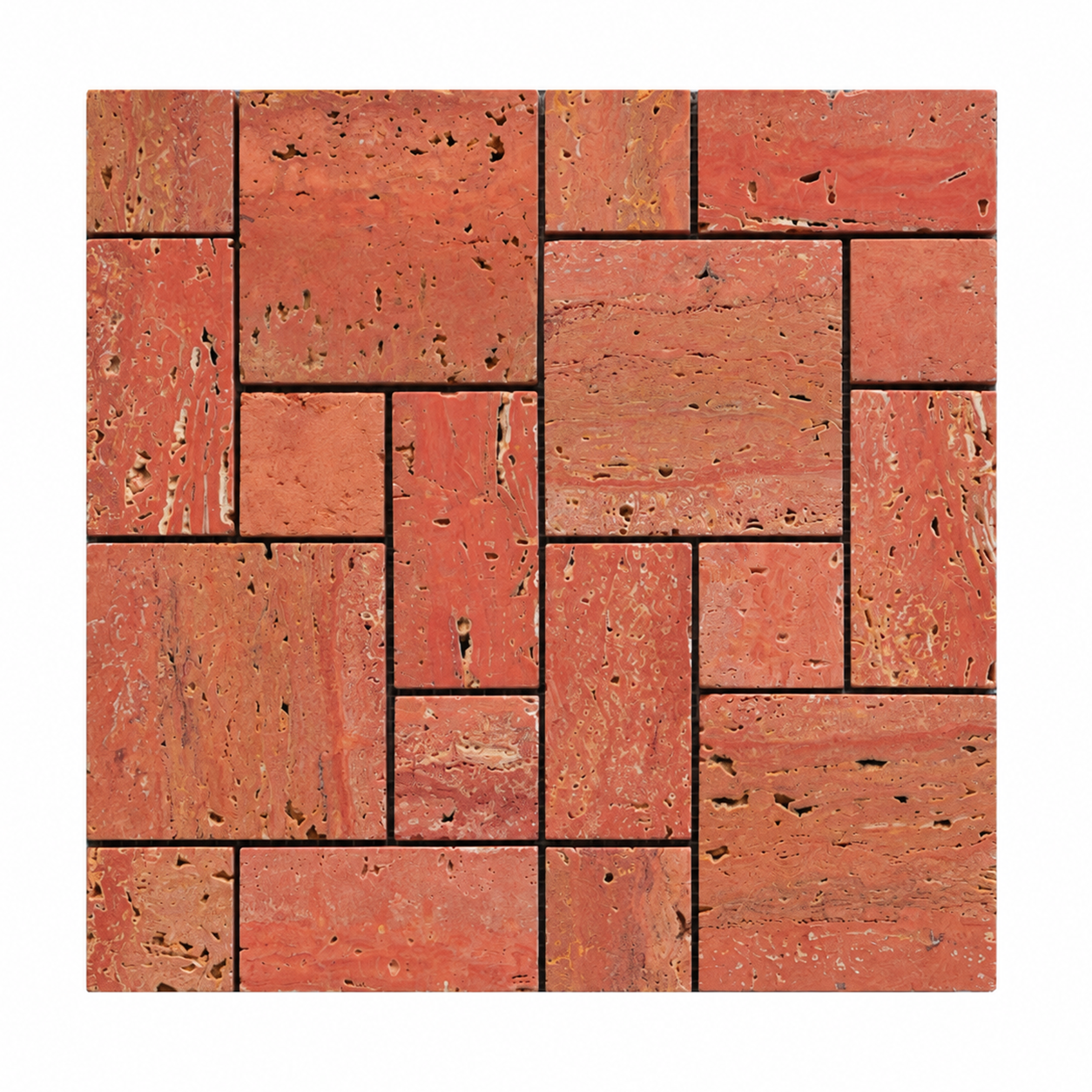 Terracotta brick mosaic tile sheet with a geometric interlocking layout, featuring natural stone textures and dark grout lines, shown on a white background.