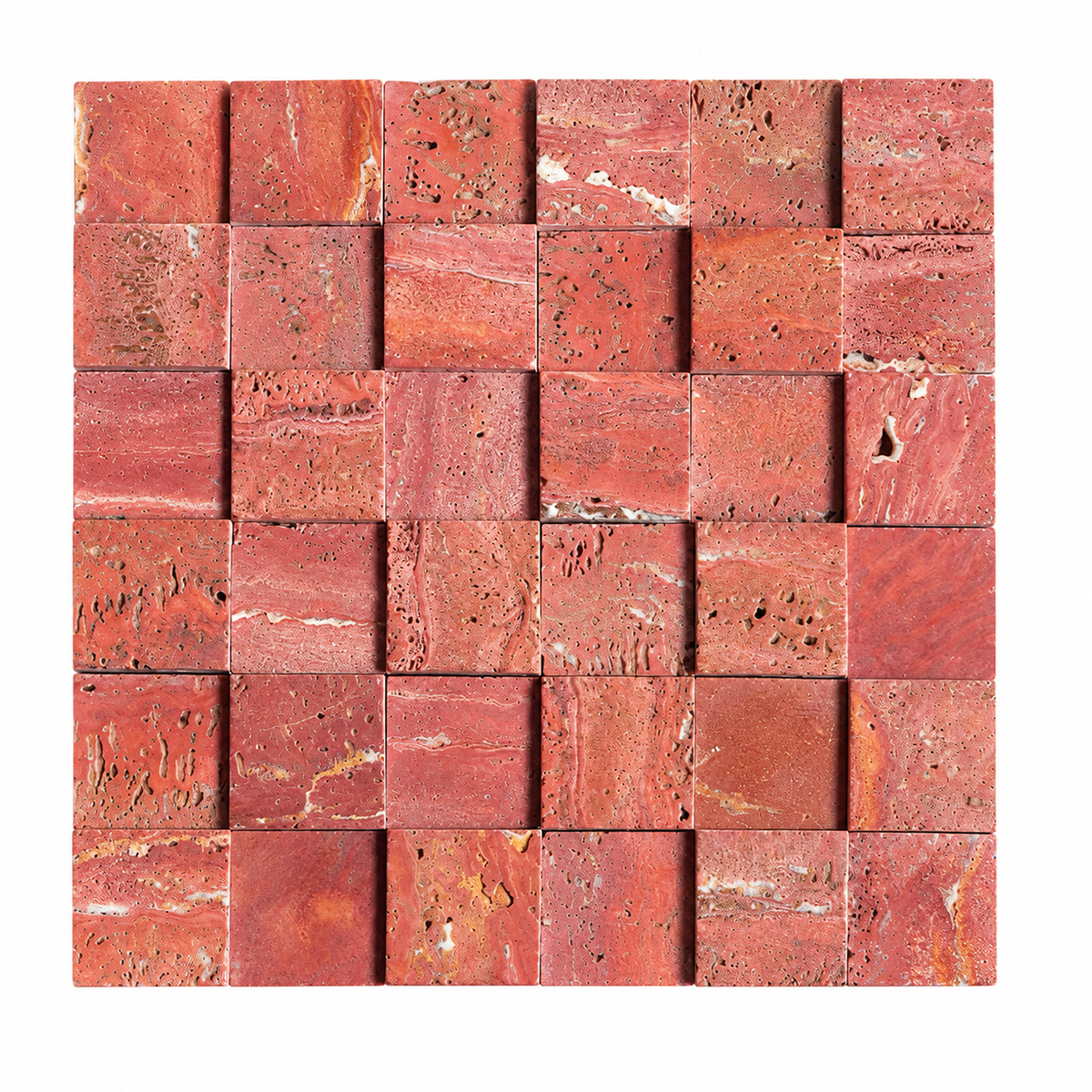 A square mosaic tile sheet made of small travertine-style stone tiles in warm red, terracotta, and pinkish-orange tones with natural veining and holes, shown on a plain white background.
