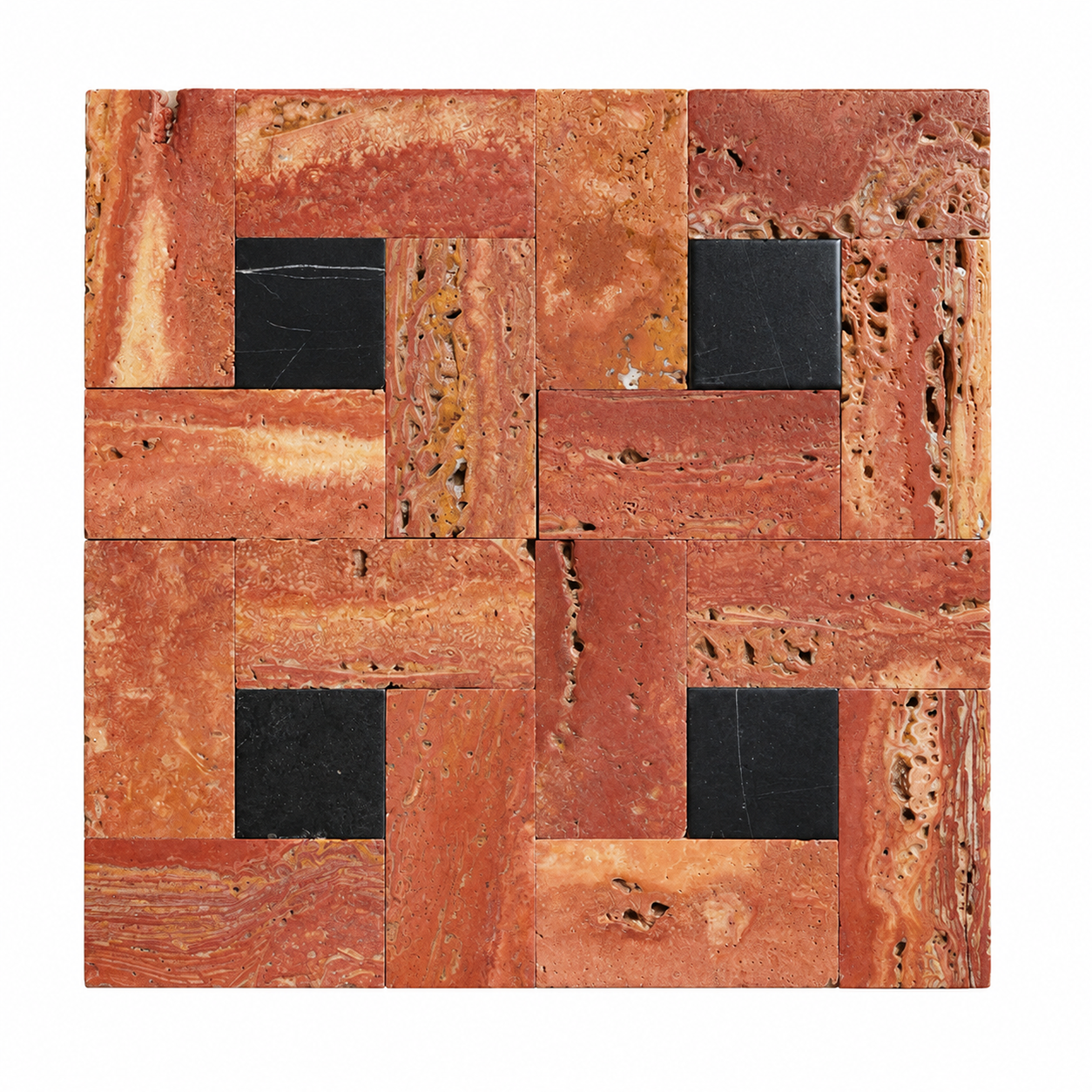 A square decorative wall tile featuring a geometric mosaic pattern of terracotta and rust-colored stone tiles with four inset black square accents.