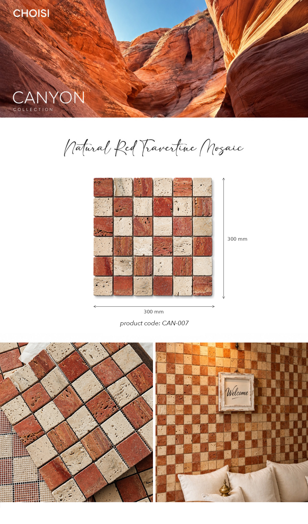 CHOISI Canyon Collection Natural Red Travertine Mosaic tile sample shown with dimensions, plus two lifestyle inset photos of the tile pattern applied in a wall setting.