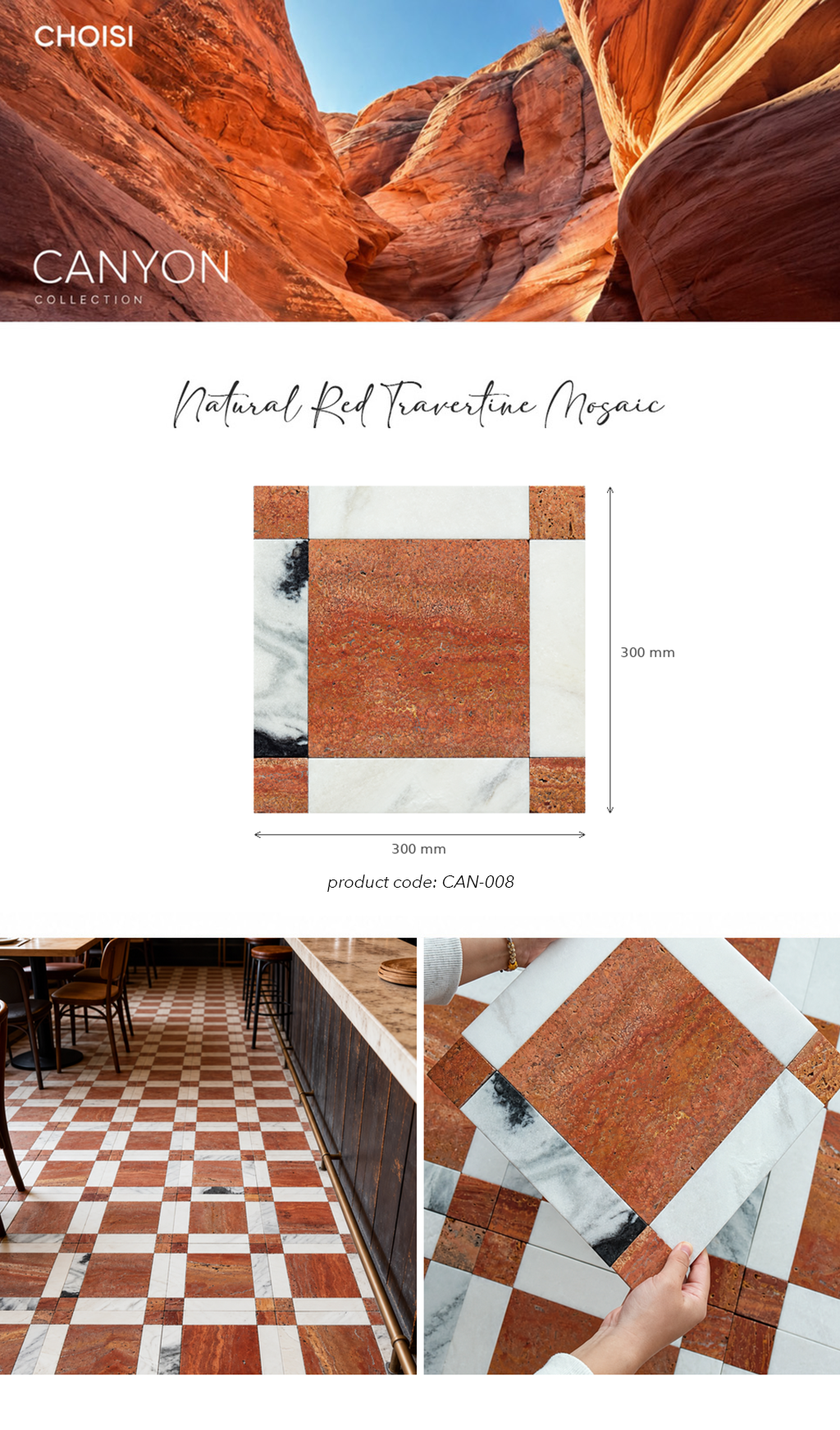 CHOISI Canyon Collection Natural Red Travertine Mosaic tile product display. The top features a canyon landscape photo with the text 'CANYON COLLECTION' and 'Natural Red Travertine Mosaic'.