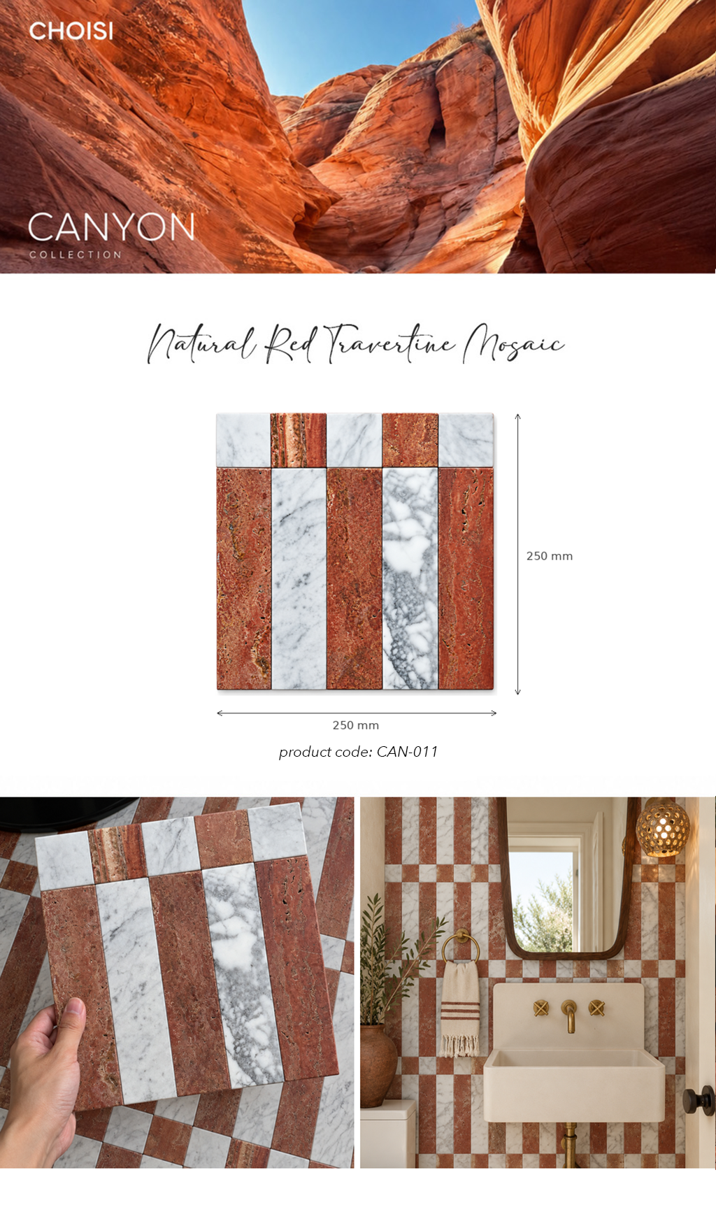 A collage showing a Canyon Collection tile product: a top canyon landscape photo, a centered sample diagram labeled 'Natural Red Travertine Mosaic' with dimensions 250 mm by 250 mm, a hand holding a matching tile sample, and a bathroom interior with red-and-white checkered wall tiles around a sink.