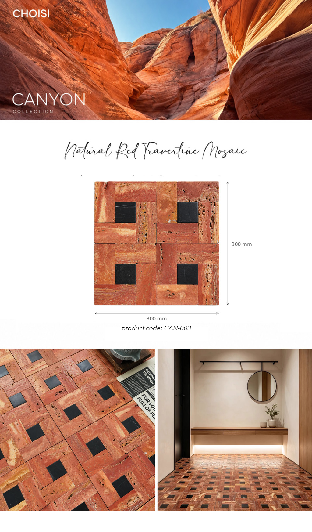 A product presentation for CHO/ISI Canyon Collection Natural Red Travertine Mosaic tile, showing a 300mm x 300mm square sample with black square cutouts, alongside lifestyle images of a canyon landscape and a hallway with tiled flooring.