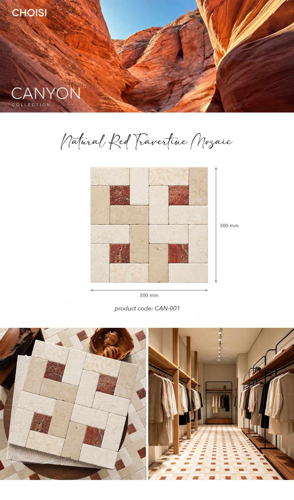 A product presentation for CHOISI Canyon Collection Natural Red Travertine Mosaic tile. The top features a scenic photo of a red sandstone slot canyon, followed by a dimension diagram of a 300mm x 300mm square tile sample showing beige travertine with red stone inlays.