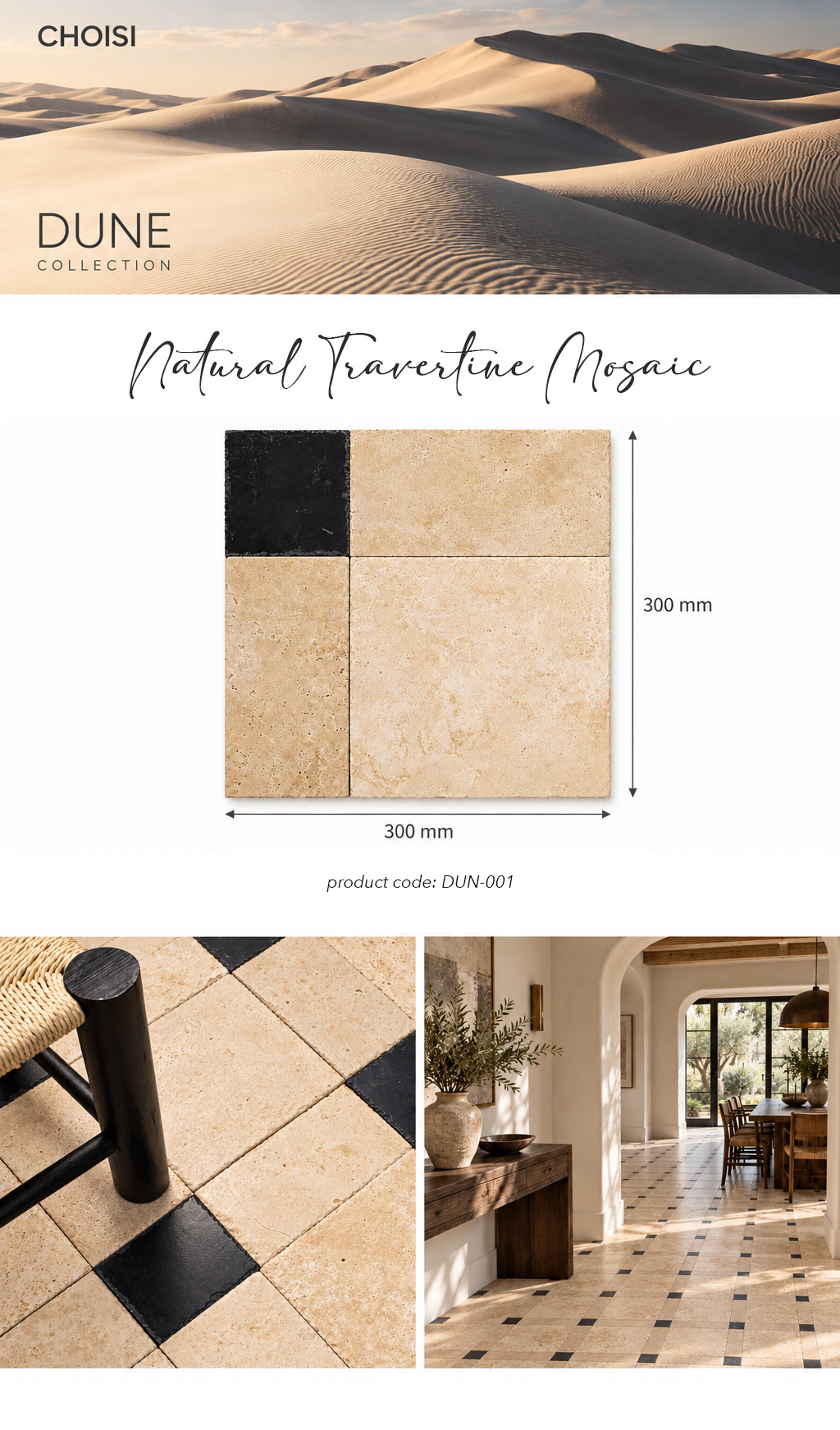 A product catalog graphic for Choisi Dune Collection Natural Travertine Mosaic tiles. The top section features a sand dune landscape background with the brand logo and product name.