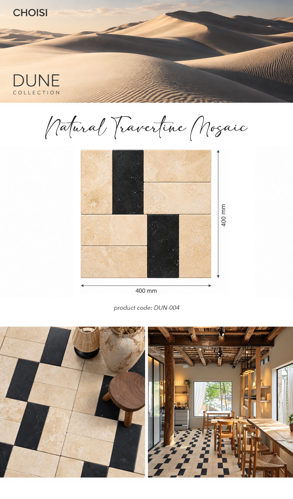 A product catalog graphic for Choisi Dune Collection Natural Travertine Mosaic tiles. The top section features a sand dune background with the brand logo and product name.