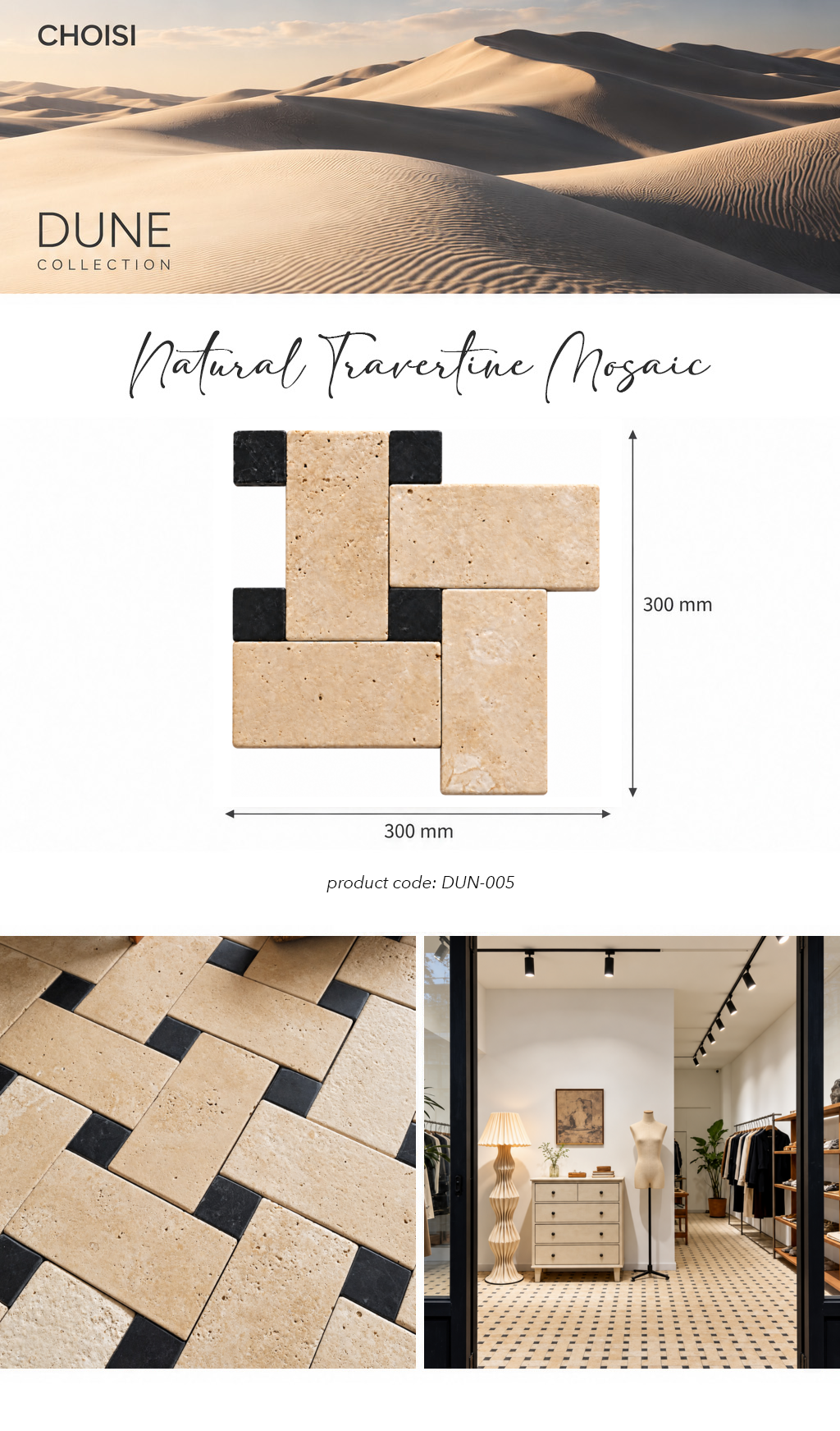 A product catalog graphic for Choisi Dune Collection Natural Travertine Mosaic tiles. The top section features a sand dune background with the brand logo and product name.