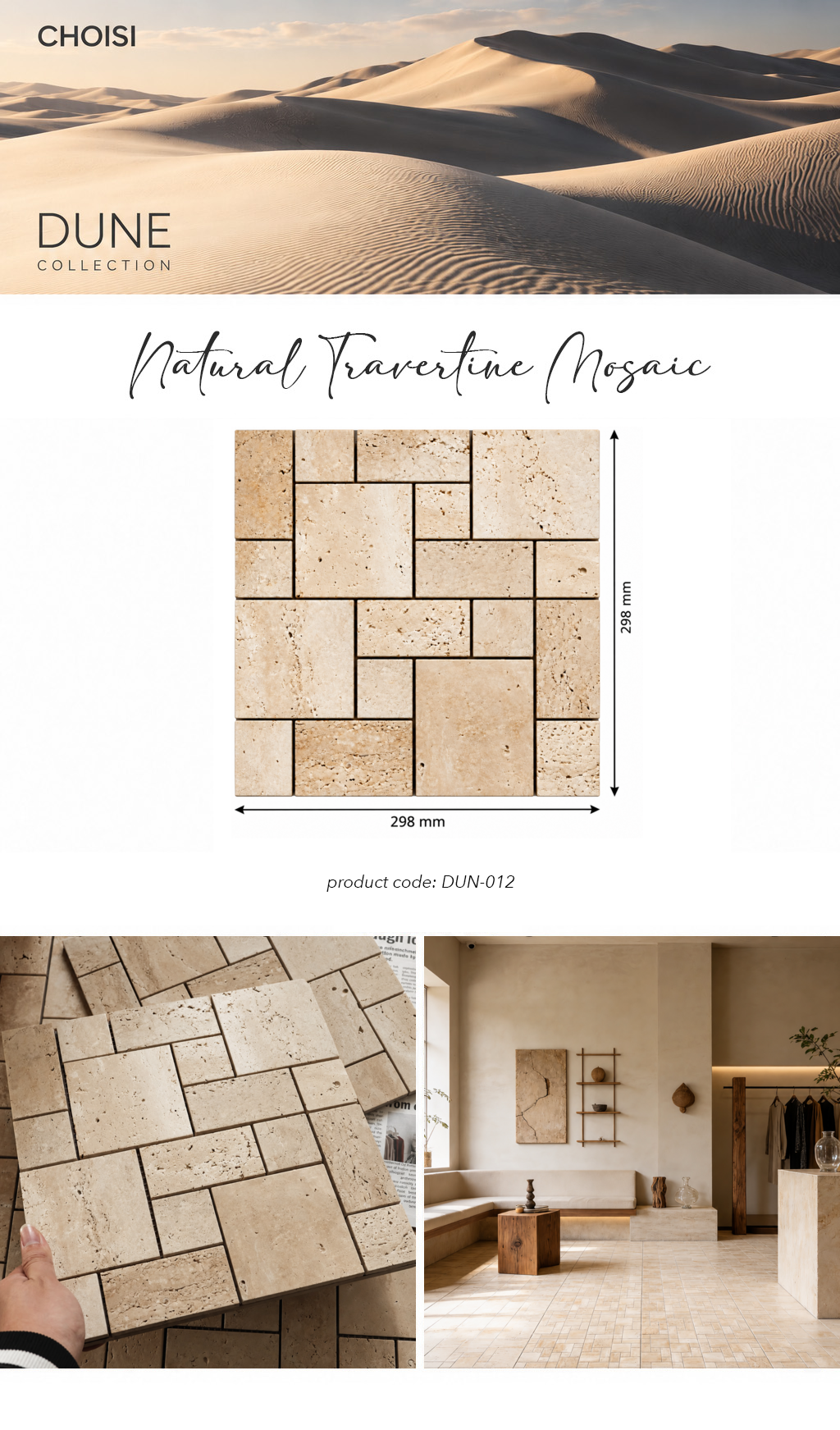 A product presentation for Choisi Dune Collection Natural Travertine Mosaic tile. The top section features a sand dune landscape background with the brand logo.