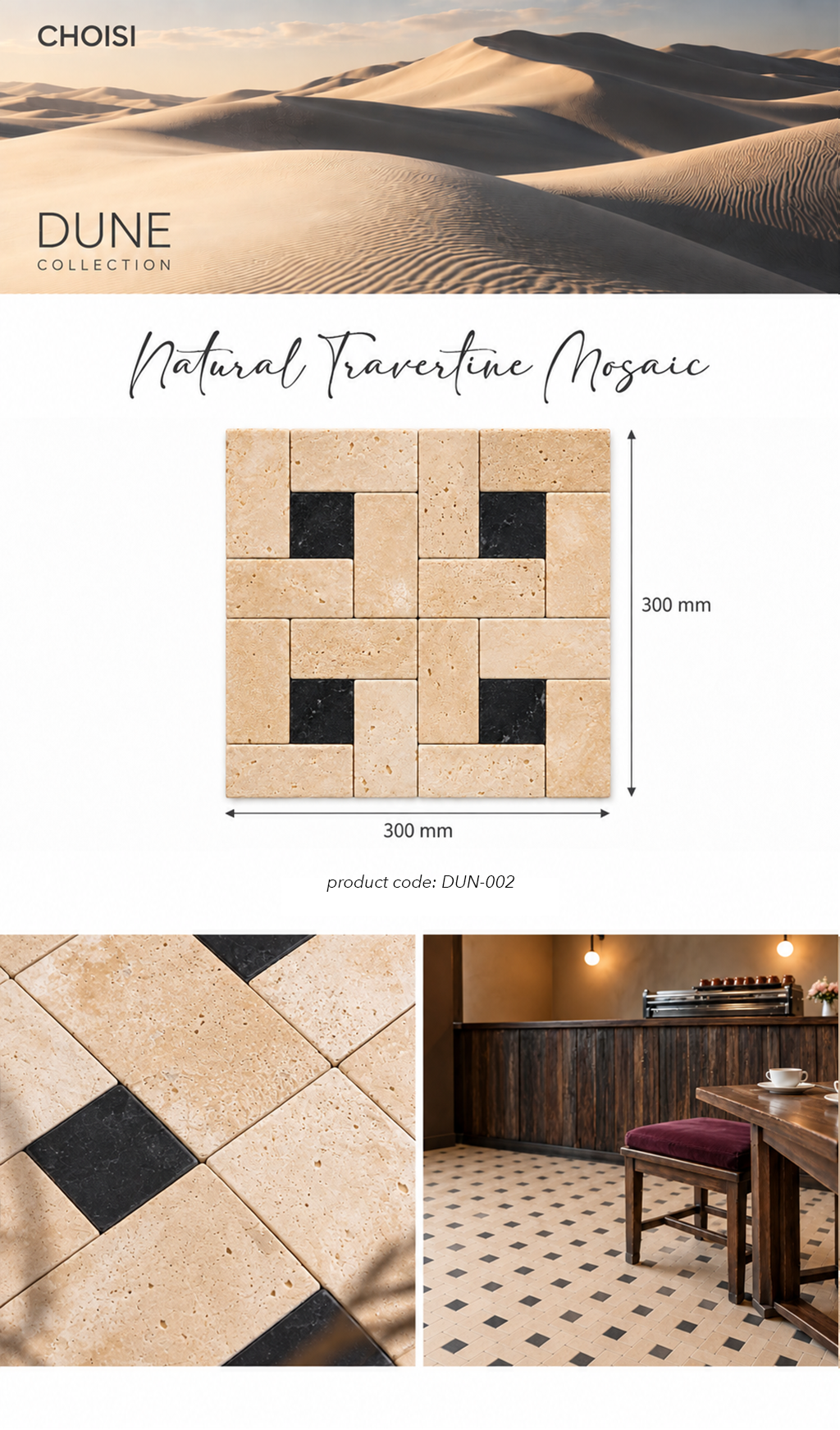 A product presentation for Choisi Dune Collection Natural Travertine Mosaic tile. The top section features a sand dune background with the brand logo and product name.